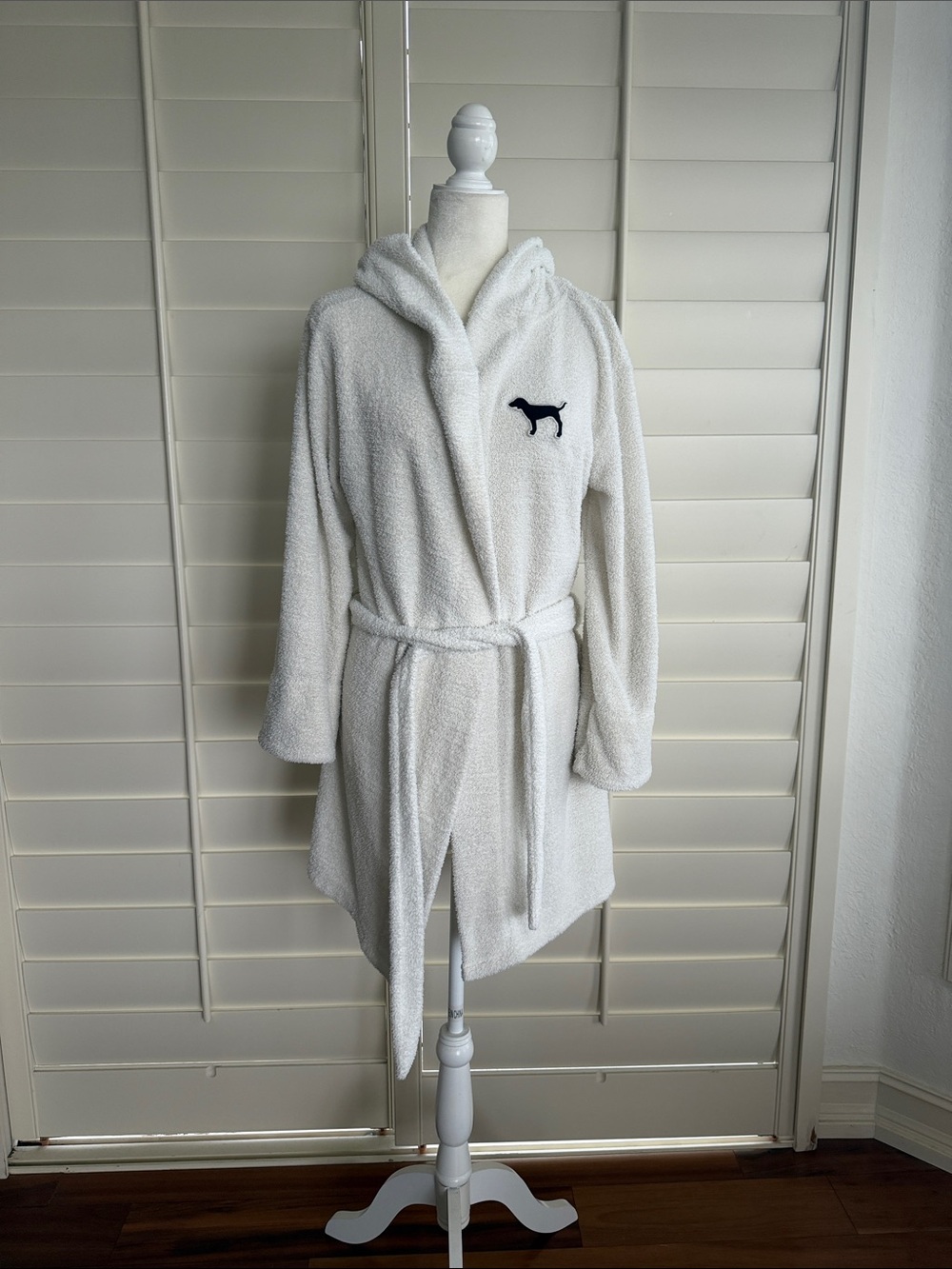 PINK Plush White Hooded Bath Robe with Dog Emblem XS